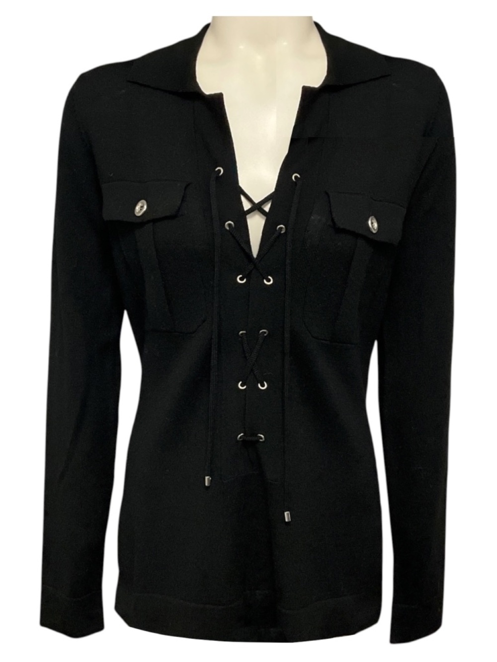 BARBARA BUI BLACK MERINO WOOL KNIT SAFARI SWEATER